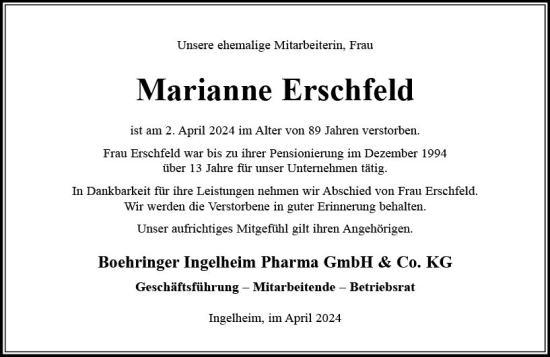 Traueranzeige von Marianne Erschfeld von Allgemeine Zeitung Bingen/Ingelheim