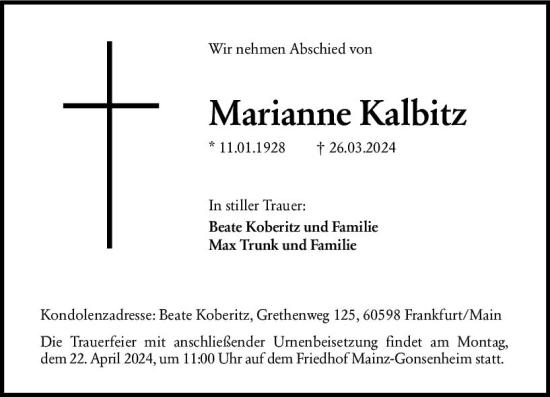 Traueranzeige von Marianne Kalbitz von Allgemeine Zeitung Mainz