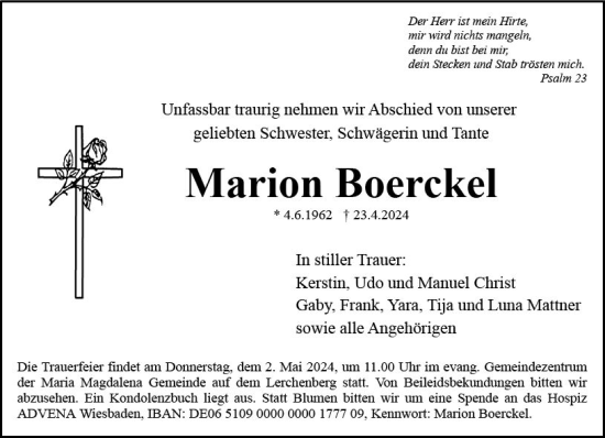 Traueranzeige von Marion Boerckel von Allgemeine Zeitung Mainz