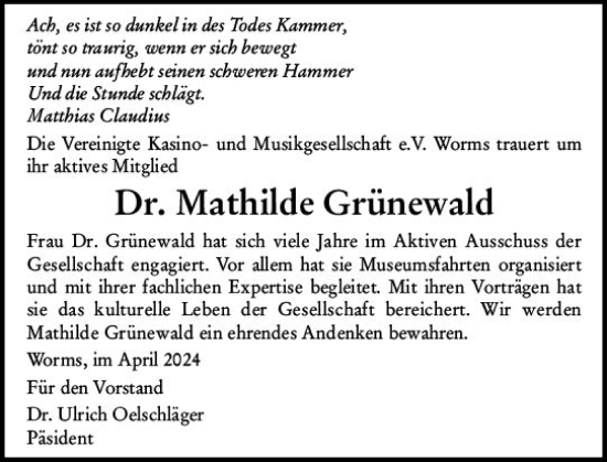 Traueranzeige von Mathilde Grünewald von Wormser Zeitung