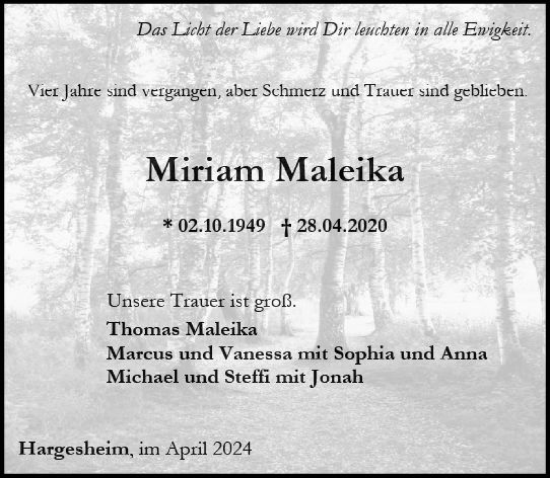 Traueranzeige von Miriam Maleika von Allgemeine Zeitung Bad Kreuznach