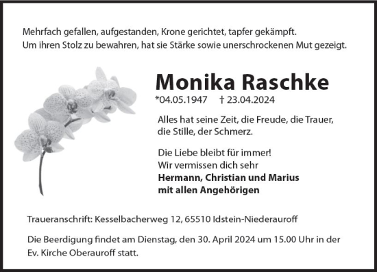 Traueranzeige von Monika Raschke von Idsteiner Land/Untertaunus