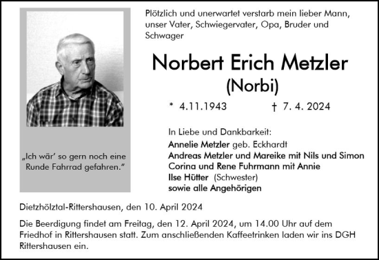 Traueranzeige von Norbert Erich Metzler von Dill Block