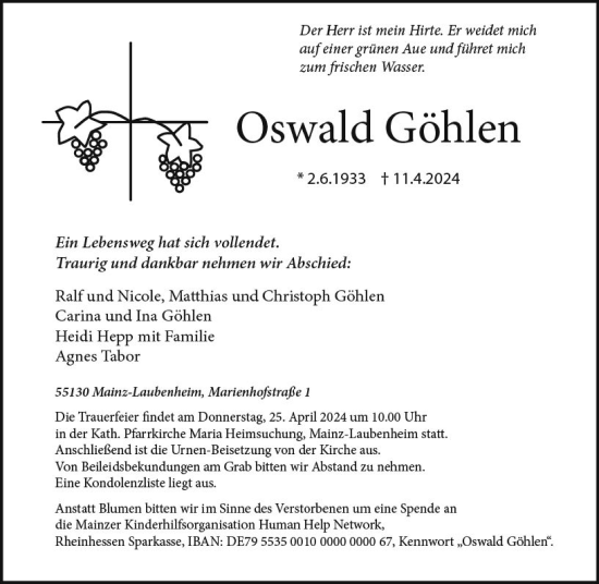 Traueranzeige von Oswald Göhlen von Allgemeine Zeitung Mainz