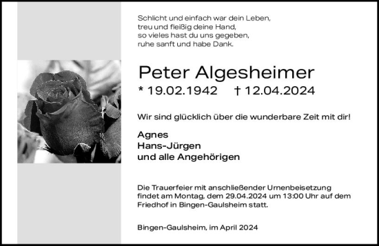 Traueranzeige von Peter Algesheimer von Allgemeine Zeitung Bingen/Ingelheim