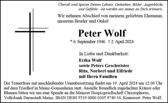 Traueranzeige von Peter Wolf von Allgemeine Zeitung Mainz