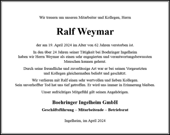 Traueranzeige von Ralf Weymar von Allgemeine Zeitung Bingen/Ingelheim
