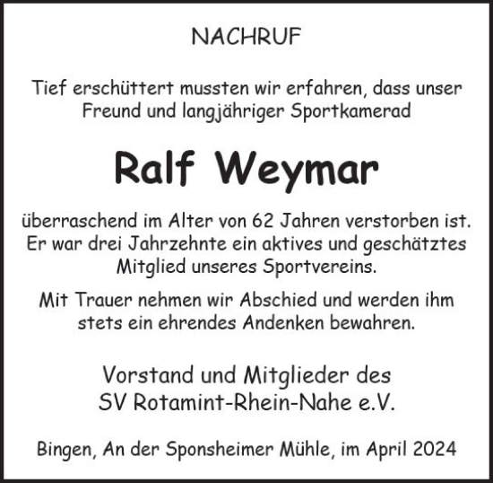 Traueranzeige von Ralf Weymar von Allgemeine Zeitung Bingen/Ingelheim