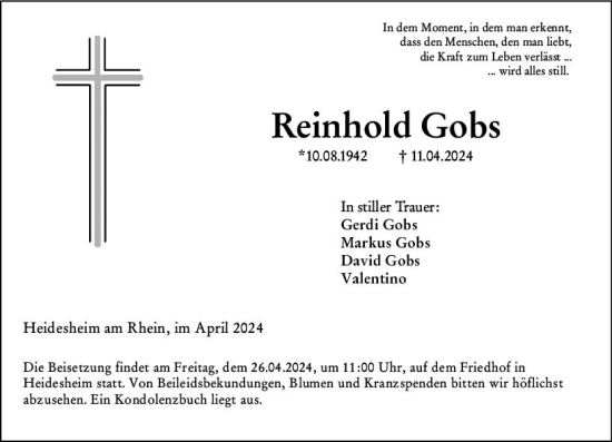 Traueranzeige von Reinhold Gobs von Allgemeine Zeitung Mainz