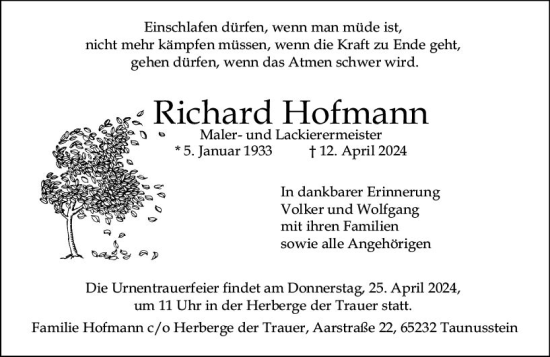 Traueranzeige von Richard Hofmann von Wiesbadener Kurier