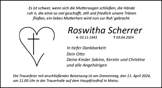 Traueranzeige von Roswitha Scherrer von Allgemeine Zeitung Mainz