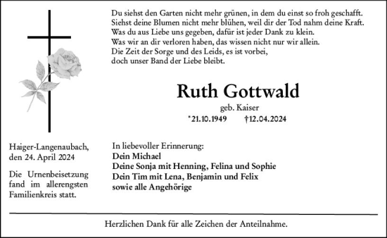 Traueranzeige von Ruth Gottwald von Dill Block