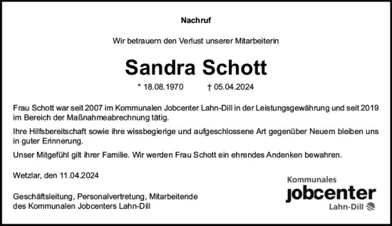 Traueranzeige von Sandra Schott von Wetzlarer Neue Zeitung