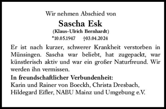 Traueranzeige von Sascha Esk von Allgemeine Zeitung Mainz