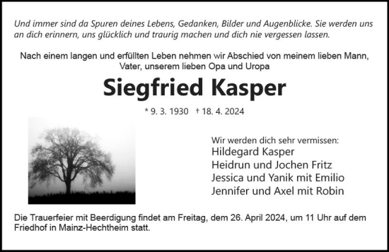 Traueranzeige von Siegfried Kasper von Allgemeine Zeitung Mainz