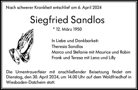 Traueranzeige von Siegfried Sandlos von Wiesbadener Kurier