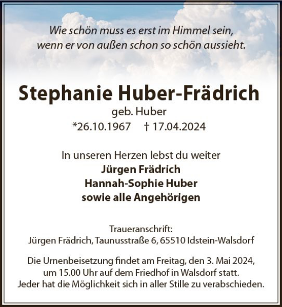 Traueranzeige von Stephanie Huber-Frädrich von Idsteiner Land/Untertaunus