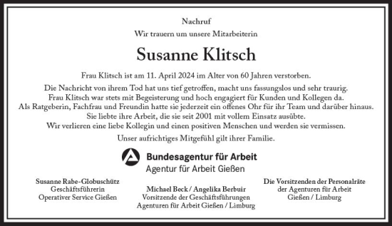 Traueranzeige von Susanne Klitsch von Nassauische Neue Presse