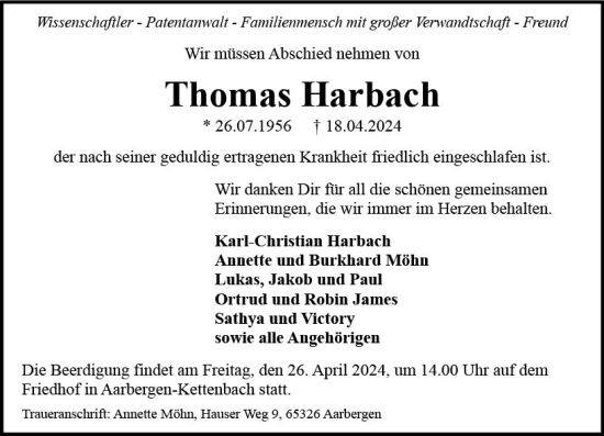 Traueranzeige von Thomas Harbach von Idsteiner Land/Untertaunus