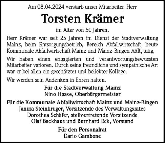 Traueranzeige von Torsten Krämer von Allgemeine Zeitung Mainz