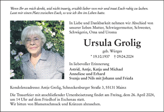 Traueranzeige von Ursula Grolig von Nassauische Neue Presse