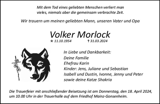 Traueranzeige von Volker Morlock von Allgemeine Zeitung Mainz