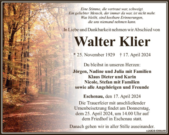 Traueranzeige von Walter Klier von Weilburger Tageblatt