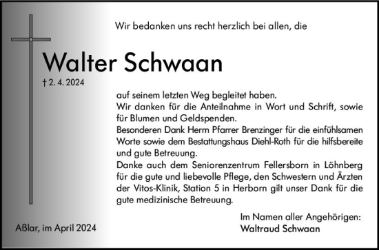 Traueranzeige von Walter Schwaan von Wetzlarer Neue Zeitung
