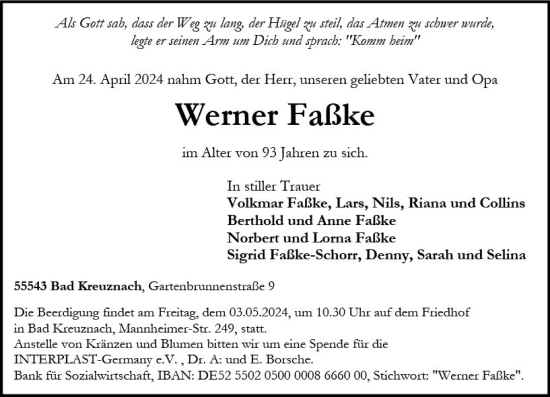 Traueranzeige von Werner Fasske von Allgemeine Zeitung Bad Kreuznach