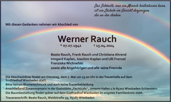 Traueranzeige von Werner Rauch von Wiesbadener Kurier