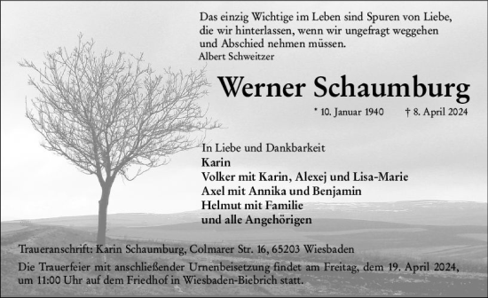 Traueranzeige von Werner Schaumburg von Wiesbadener Kurier