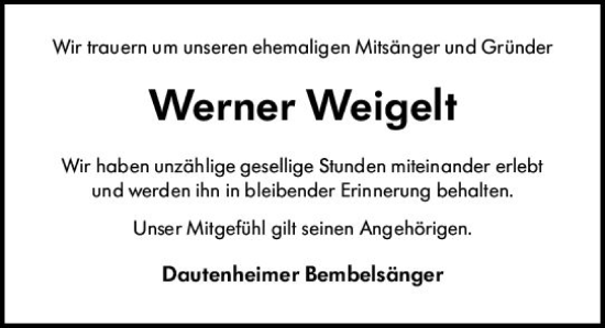 Traueranzeige von Werner Weigelt von Allgemeine Zeitung Alzey