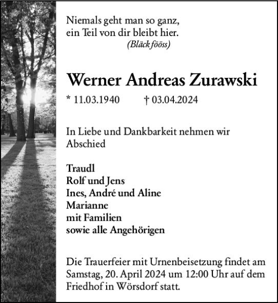 Traueranzeige von Werner Andreas Zurawski von Idsteiner Land/Untertaunus
