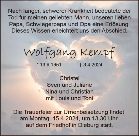 Traueranzeige von Wolfgang Kempf von Dieburger Anzeiger/Groß-Zimmerner Lokal-Anzeiger