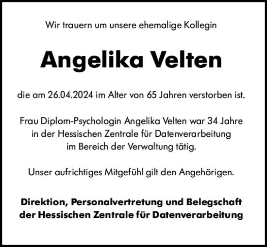 Traueranzeige von Angelika Velten von Wiesbadener Kurier