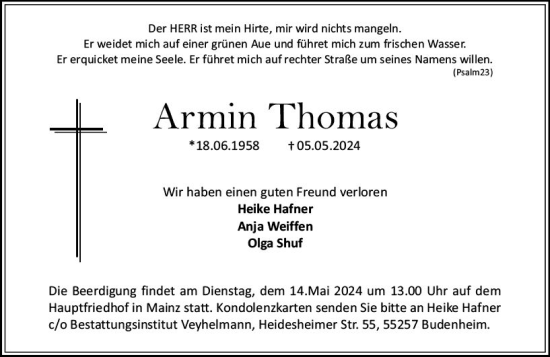 Traueranzeige von Armin Thomas von Allgemeine Zeitung Mainz