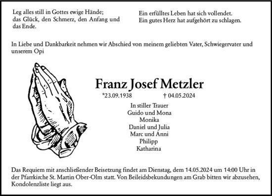 Traueranzeige von Franz Josef Metzler von Allgemeine Zeitung Mainz