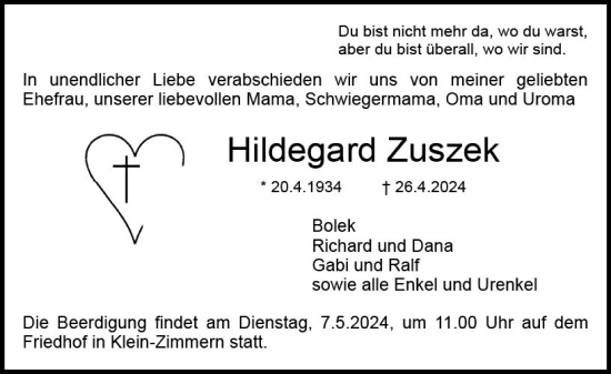 Traueranzeige von Hildegard Zuszek von Dieburger Anzeiger/Groß-Zimmerner Lokal-Anzeiger