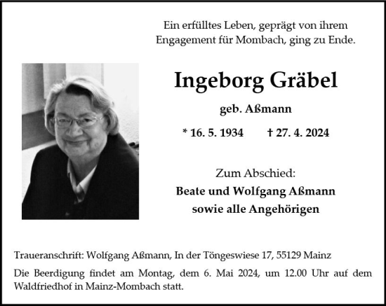 Traueranzeige von Ingeborg Gräbel von Allgemeine Zeitung Mainz