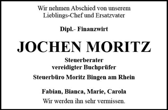 Traueranzeige von Jochen Moritz von Allgemeine Zeitung Bingen/Ingelheim