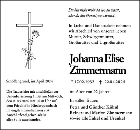 Traueranzeige von Johanna Elise Zimmermann von Wetzlarer Neue Zeitung