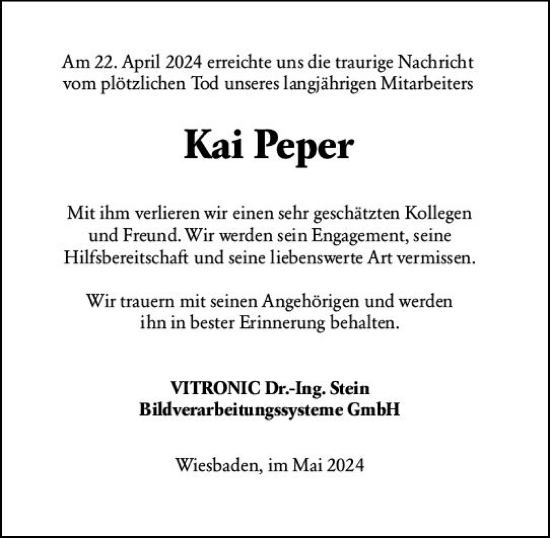 Traueranzeige von Kai Peper von Wiesbadener Kurier