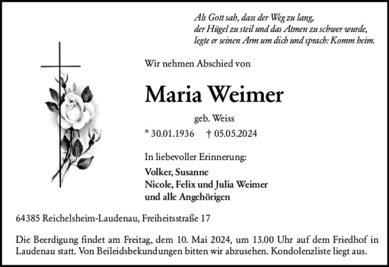Traueranzeige von Maria Weimer von Bergsträßer Anzeiger