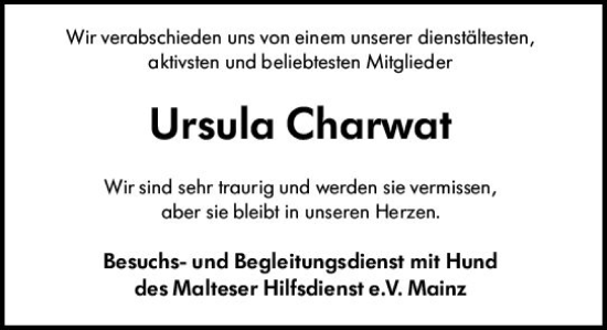 Traueranzeige von Ursula Charwat von Allgemeine Zeitung Mainz