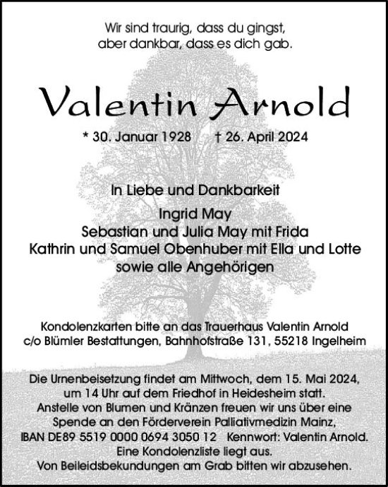 Traueranzeige von Valentin Arnold von Allgemeine Zeitung Mainz