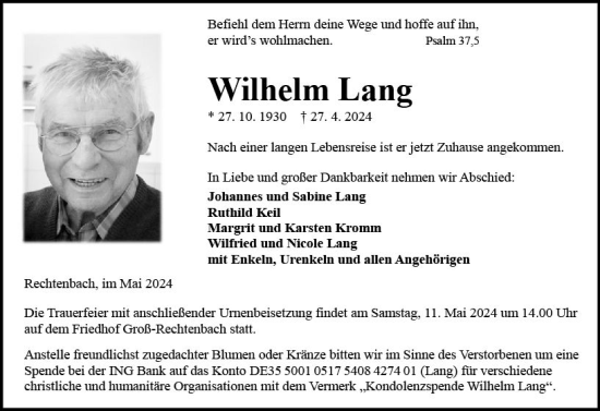 Traueranzeige von Wilhelm Lang von Wetzlarer Neue Zeitung